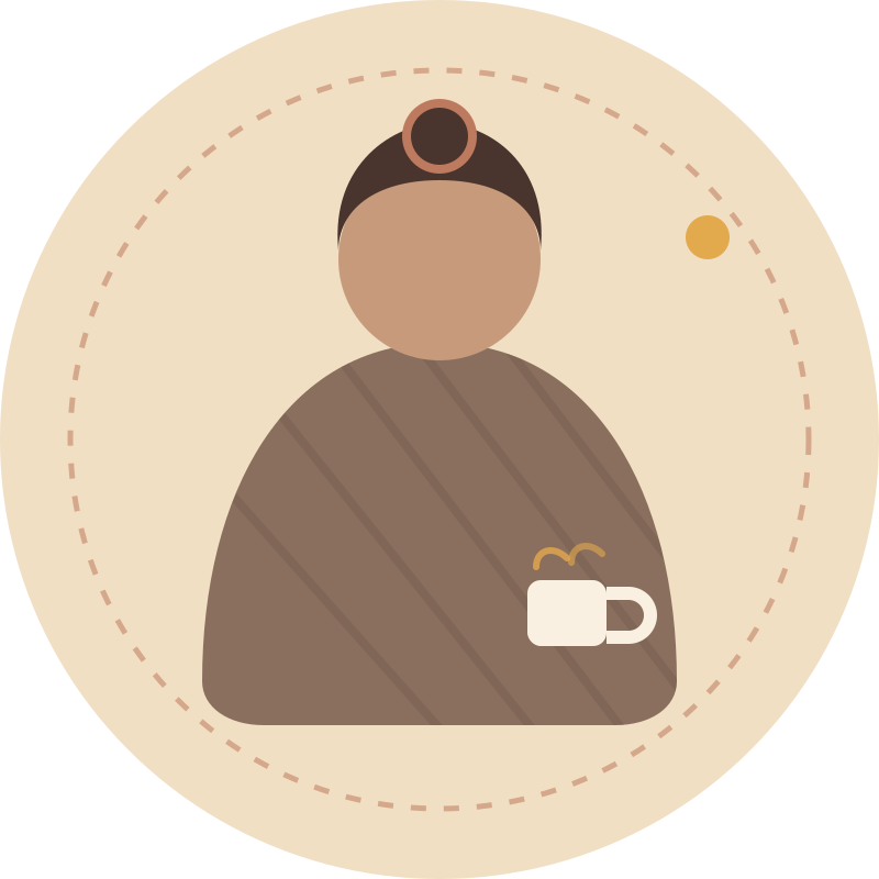 Illustrated avatar of the founder of Physics and Pajamas Co., wrapped in a flannel blanket with a mug of tea